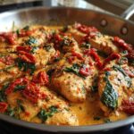 Close-up of several chicken breasts simmering in a rich, creamy Tuscan sauce with sun-dried tomatoes and spinach, making creamy tuscan chicken.
