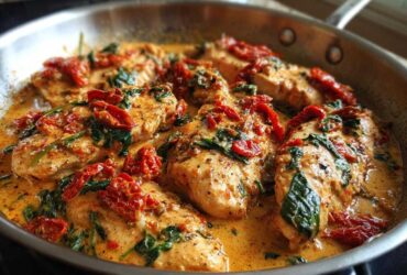 Close-up of several chicken breasts simmering in a rich, creamy Tuscan sauce with sun-dried tomatoes and spinach, making creamy tuscan chicken.