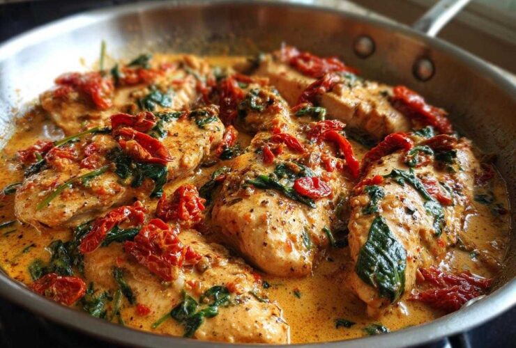 Close-up of several chicken breasts simmering in a rich, creamy Tuscan sauce with sun-dried tomatoes and spinach, making creamy tuscan chicken.