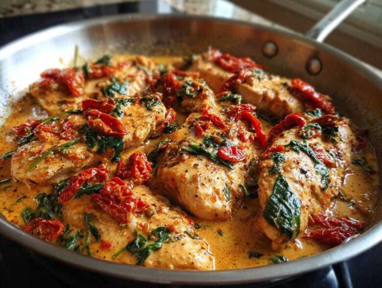 Close-up of several chicken breasts simmering in a rich, creamy Tuscan sauce with sun-dried tomatoes and spinach, making creamy tuscan chicken.