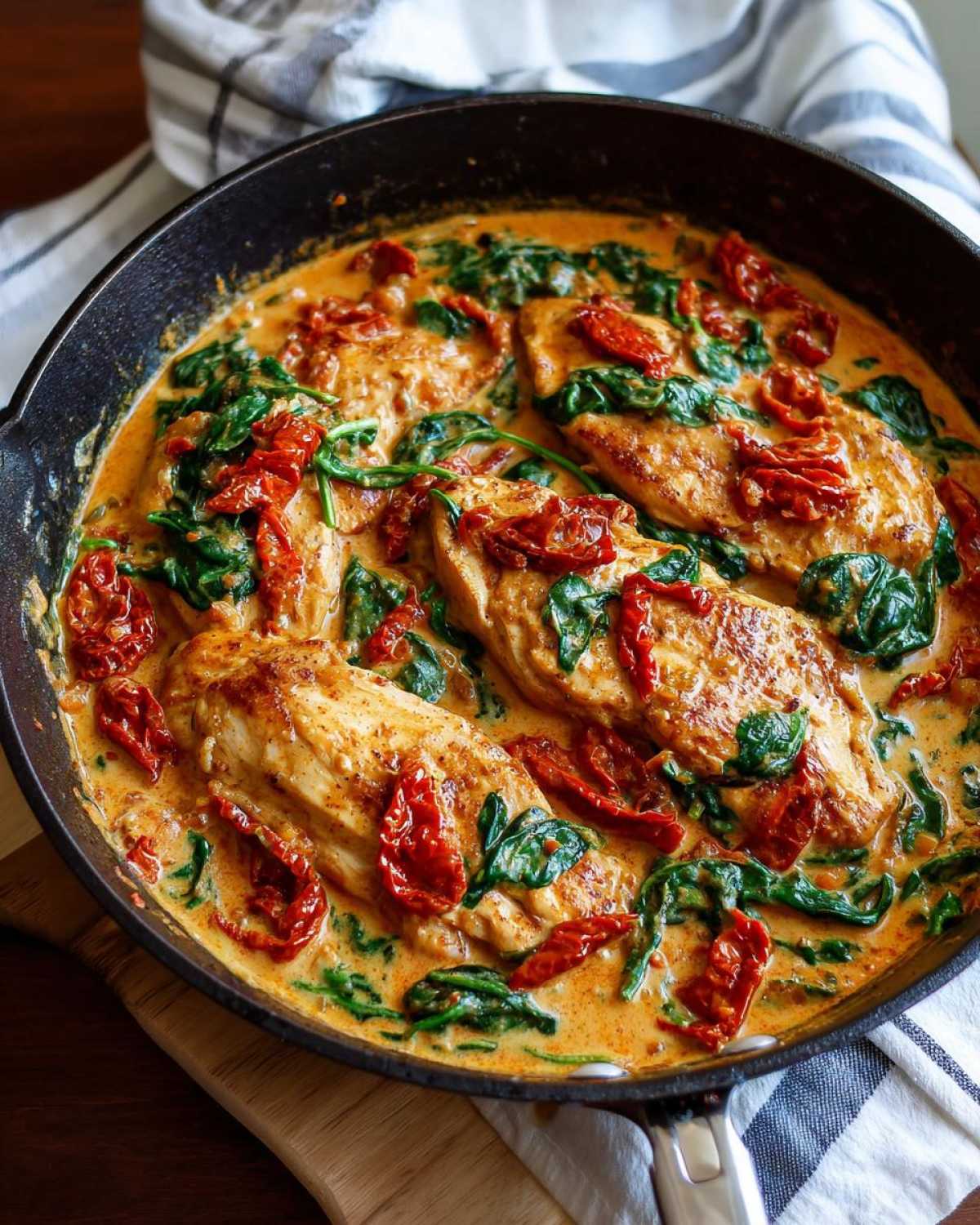 Close-up of pan-seared chicken breasts simmering in a rich, creamy Tuscan sauce with spinach and sun-dried tomatoes, featuring creamy tuscan chicken.