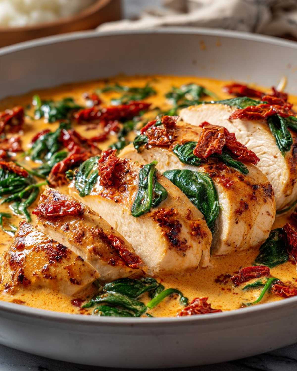Close-up of sliced creamy tuscan chicken breast topped with spinach and sun-dried tomatoes in a rich sauce.