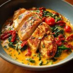 Close-up of sliced, seared chicken breast served in a rich, creamy Tuscan sauce with spinach and sun-dried tomatoes.