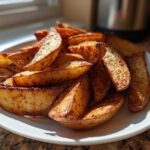 A close-up of perfectly crispy, golden-brown air fryer potato wedges piled high on a white plate.
