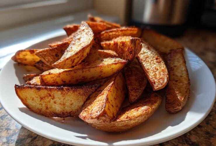 A close-up of perfectly crispy, golden-brown air fryer potato wedges piled high on a white plate.