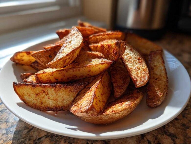 A close-up of perfectly crispy, golden-brown air fryer potato wedges piled high on a white plate.