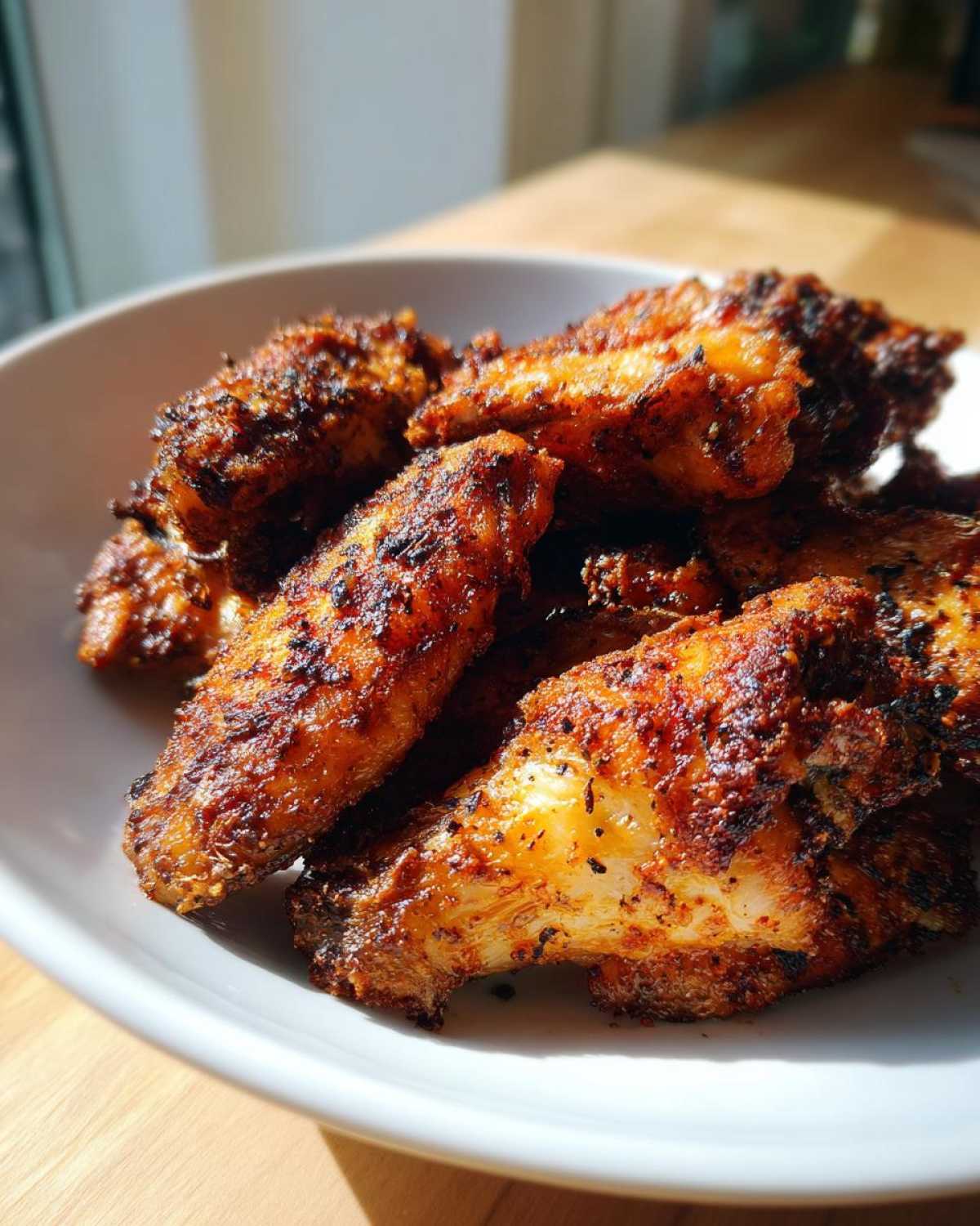 Close-up of a white bowl filled with perfectly seasoned and crispy baked chicken wings.