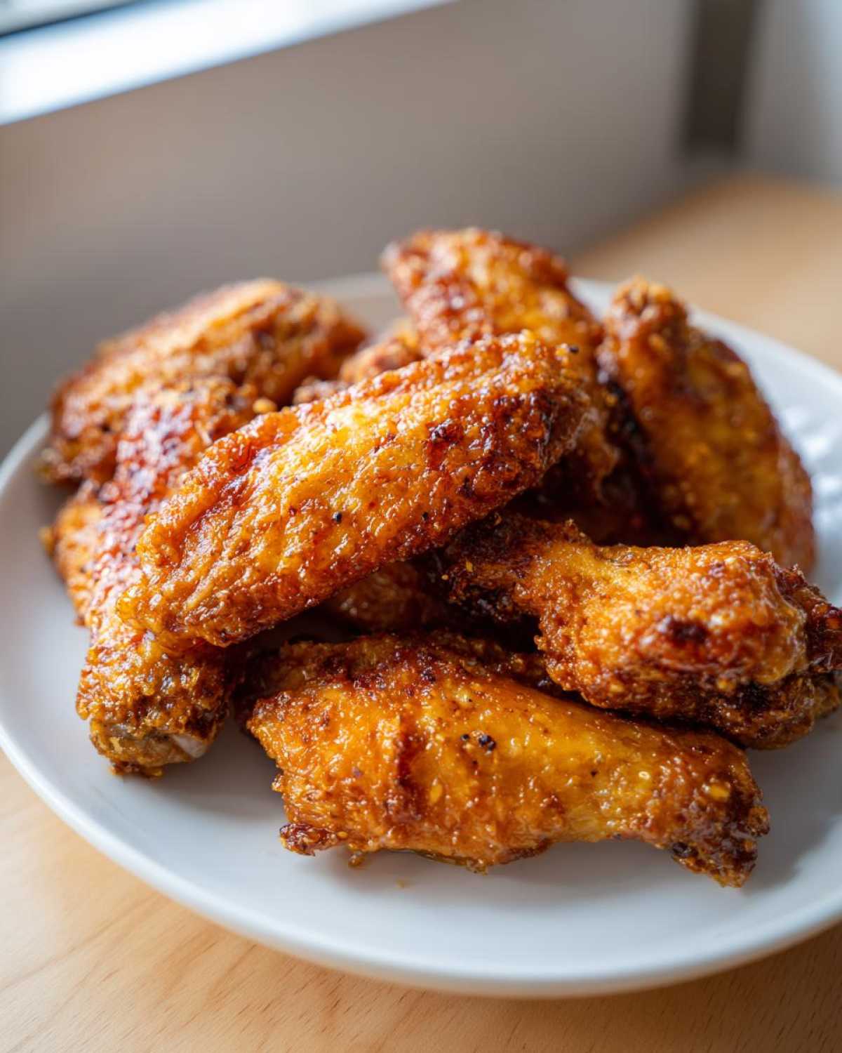 A close-up of several golden brown, crispy baked chicken wings piled on a white plate.