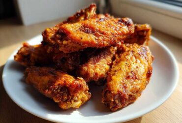 A pile of golden brown, crispy baked chicken wings seasoned with spices, served on a white plate.