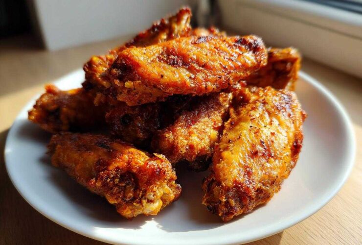 A pile of golden brown, crispy baked chicken wings seasoned with spices, served on a white plate.