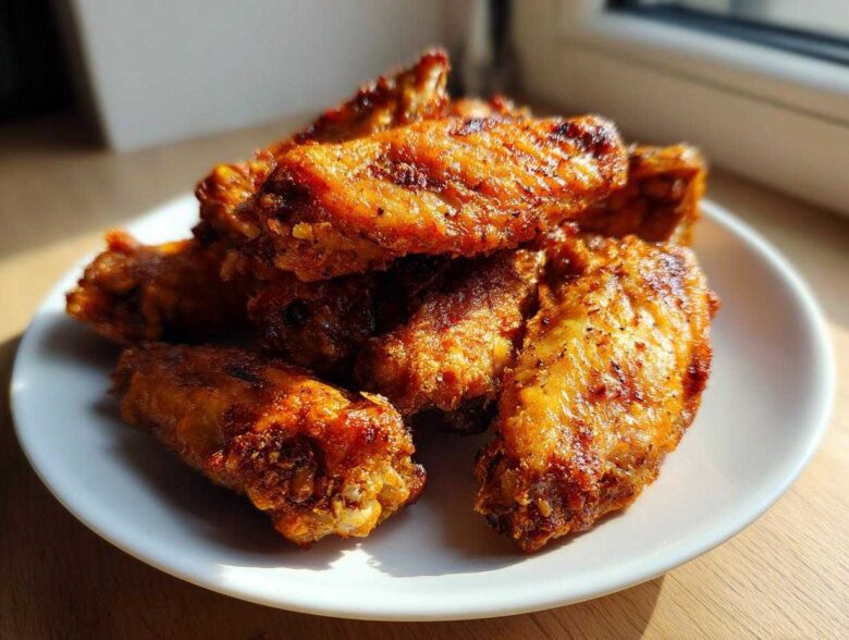 A pile of golden brown, crispy baked chicken wings seasoned with spices, served on a white plate.