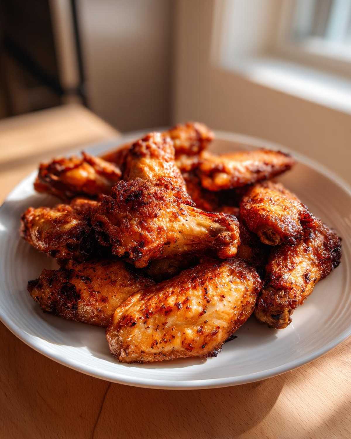 A pile of golden brown, crispy baked chicken wings seasoned with spices, served on a white plate.
