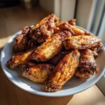 A pile of golden brown, crispy baked chicken wings seasoned with pepper, served on a white plate near a window.