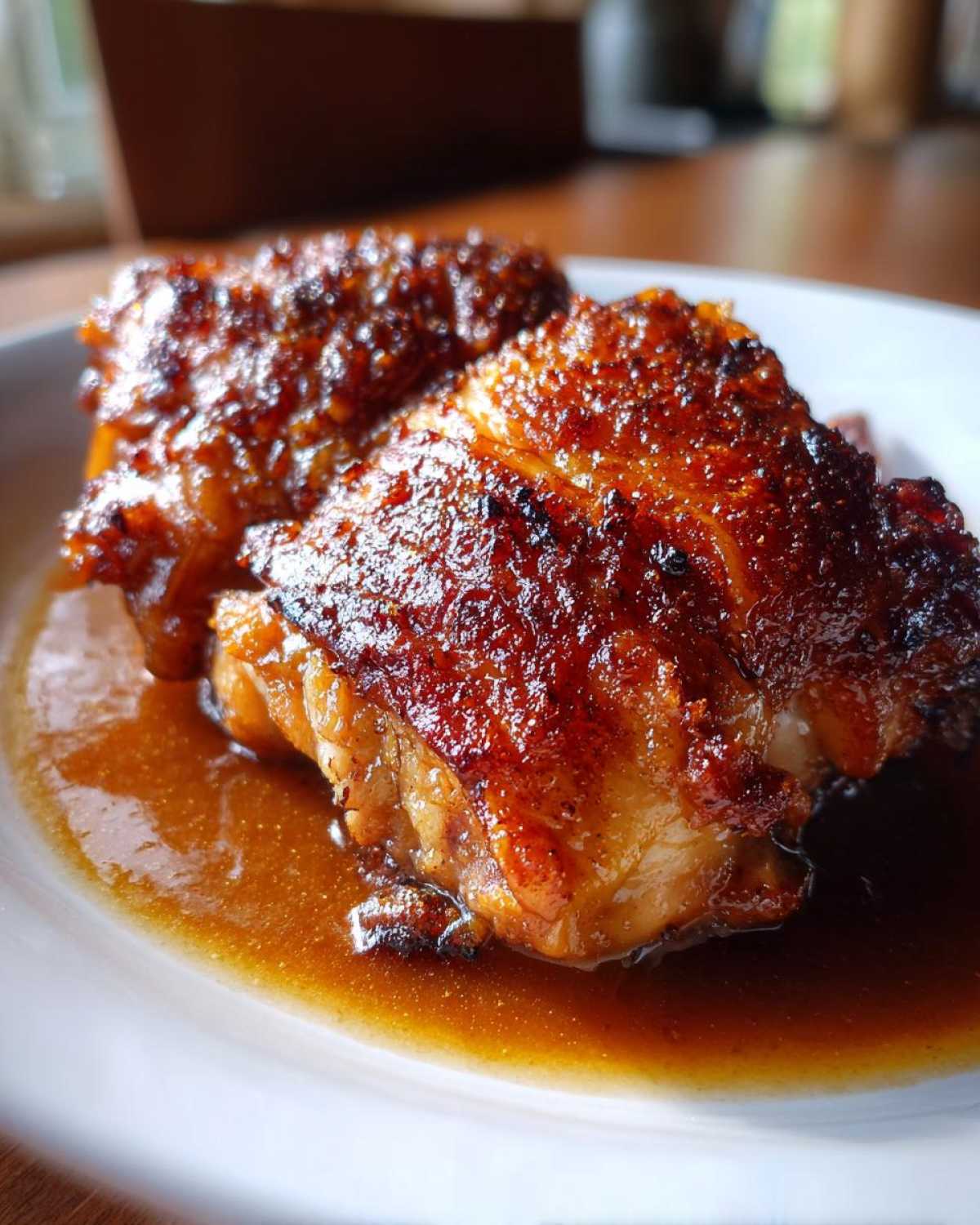 Close-up of perfectly seared, crispy-skinned braised chicken thighs resting in a rich brown sauce.