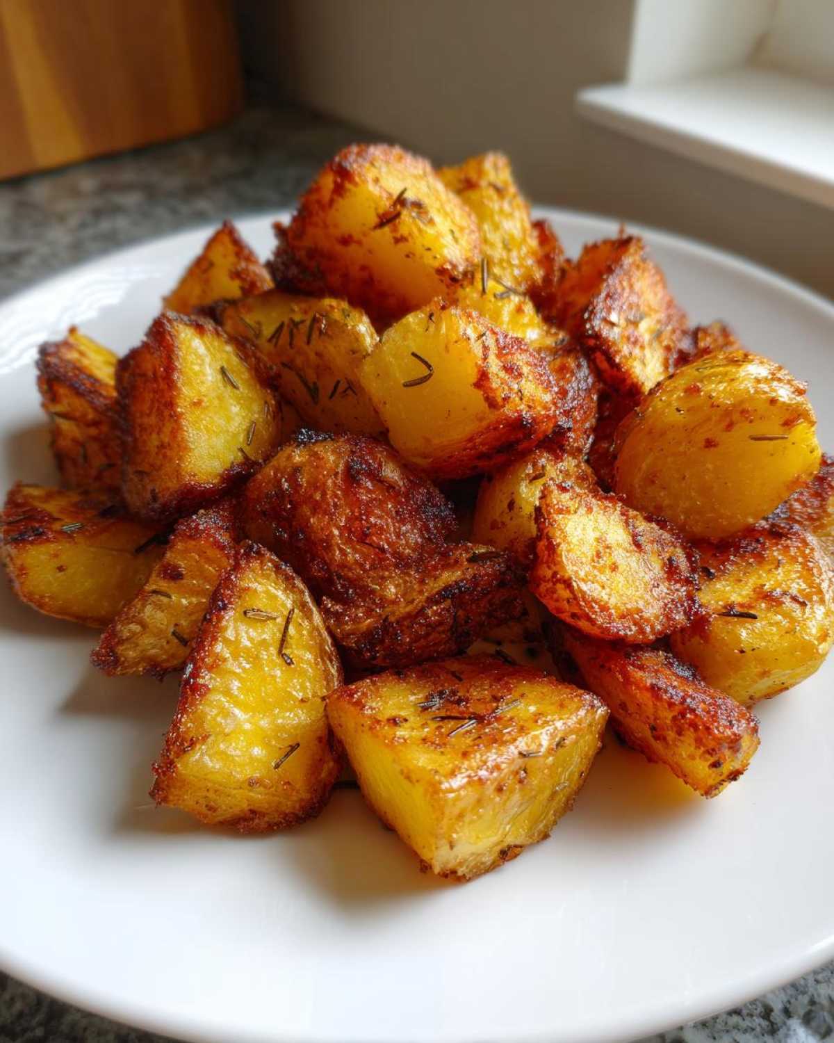 Close-up of golden brown, crispy roasted breakfast potatoes seasoned with herbs on a white plate.