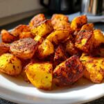A close-up of perfectly golden and crispy roasted breakfast potatoes seasoned with herbs on a white plate.
