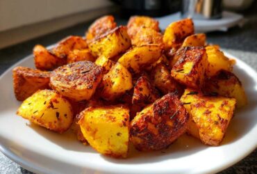 A close-up of perfectly golden and crispy roasted breakfast potatoes seasoned with herbs on a white plate.