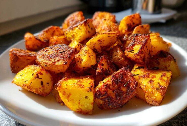 A close-up of perfectly golden and crispy roasted breakfast potatoes seasoned with herbs on a white plate.