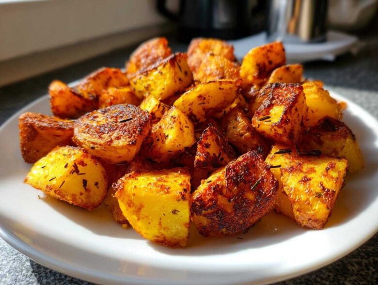 A close-up of perfectly golden and crispy roasted breakfast potatoes seasoned with herbs on a white plate.