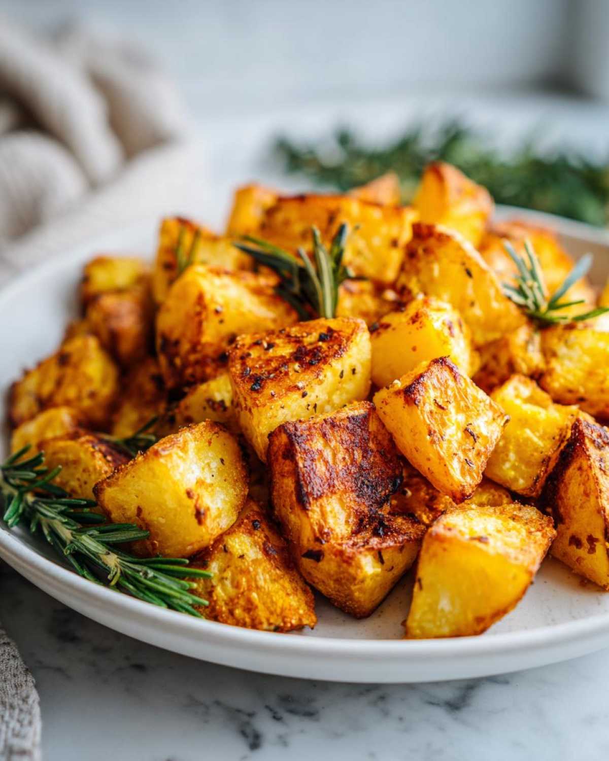 Close-up of golden brown, crispy breakfast potatoes seasoned and garnished with fresh rosemary sprigs.