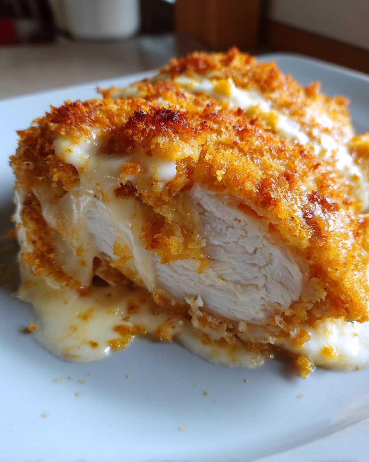 Close-up of a slice of crispy, breaded caesar chicken stuffed with melted white cheese oozing out.