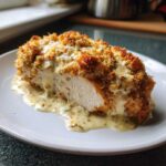 A cross-section of crispy, breaded caesar chicken breast covered in creamy Caesar sauce.