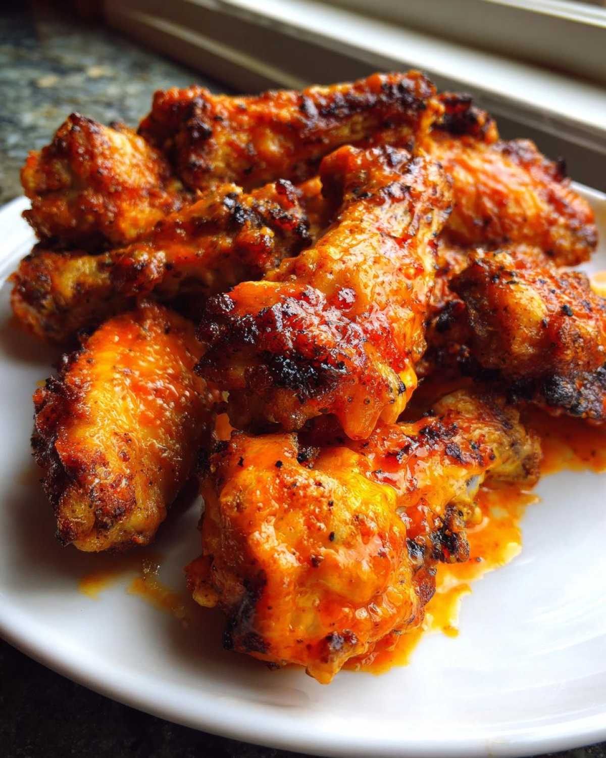 Close-up of several crispy, saucy, orange buffalo chicken wings piled on a white plate.