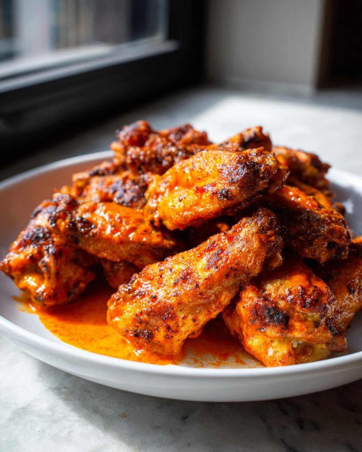 A pile of crispy, orange-glazed chicken wings with charred spots served in a white bowl.