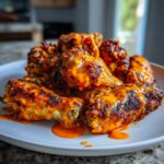 Close-up of perfectly crispy chicken wings coated in a vibrant orange, slightly charred sauce.