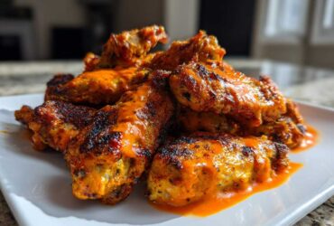 A pile of crispy, orange-glazed chicken wings resting on a white plate, showcasing the crispy texture.