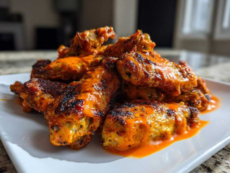 A pile of crispy, orange-glazed chicken wings resting on a white plate, showcasing the crispy texture.