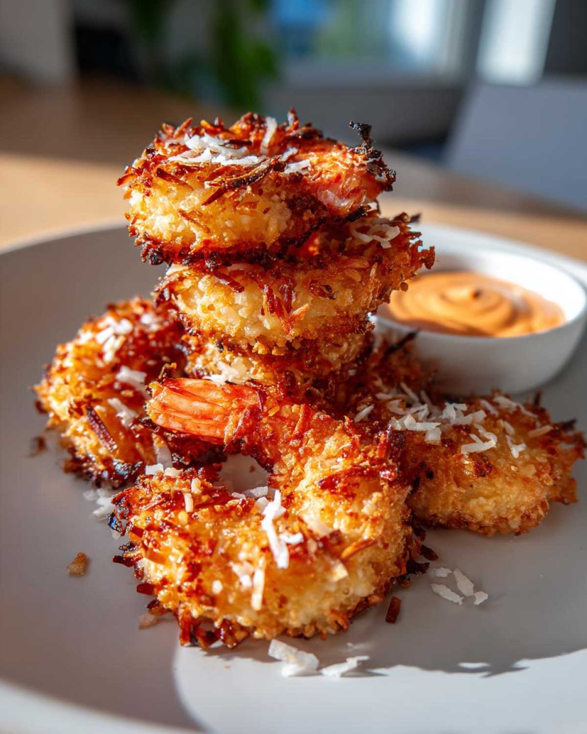 A stack of golden brown, crispy coconut shrimp served on a white plate next to a small bowl of orange dipping sauce.