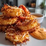 A stack of golden brown, crispy coconut shrimp served on a white plate next to a dollop of orange dipping sauce.