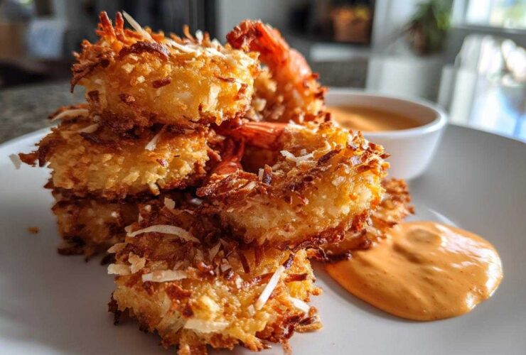 A stack of golden brown, crispy coconut shrimp served on a white plate next to a dollop of orange dipping sauce.
