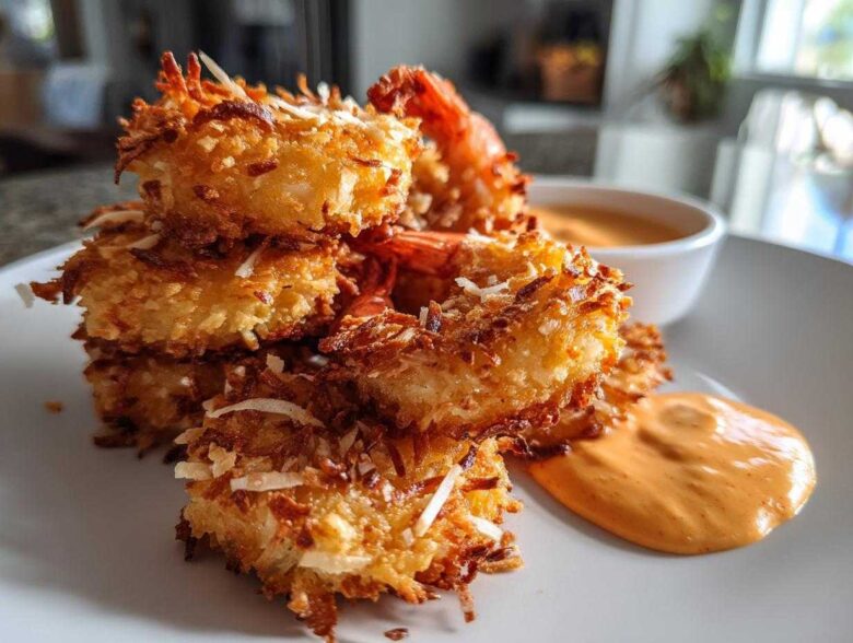 A stack of golden brown, crispy coconut shrimp served on a white plate next to a dollop of orange dipping sauce.