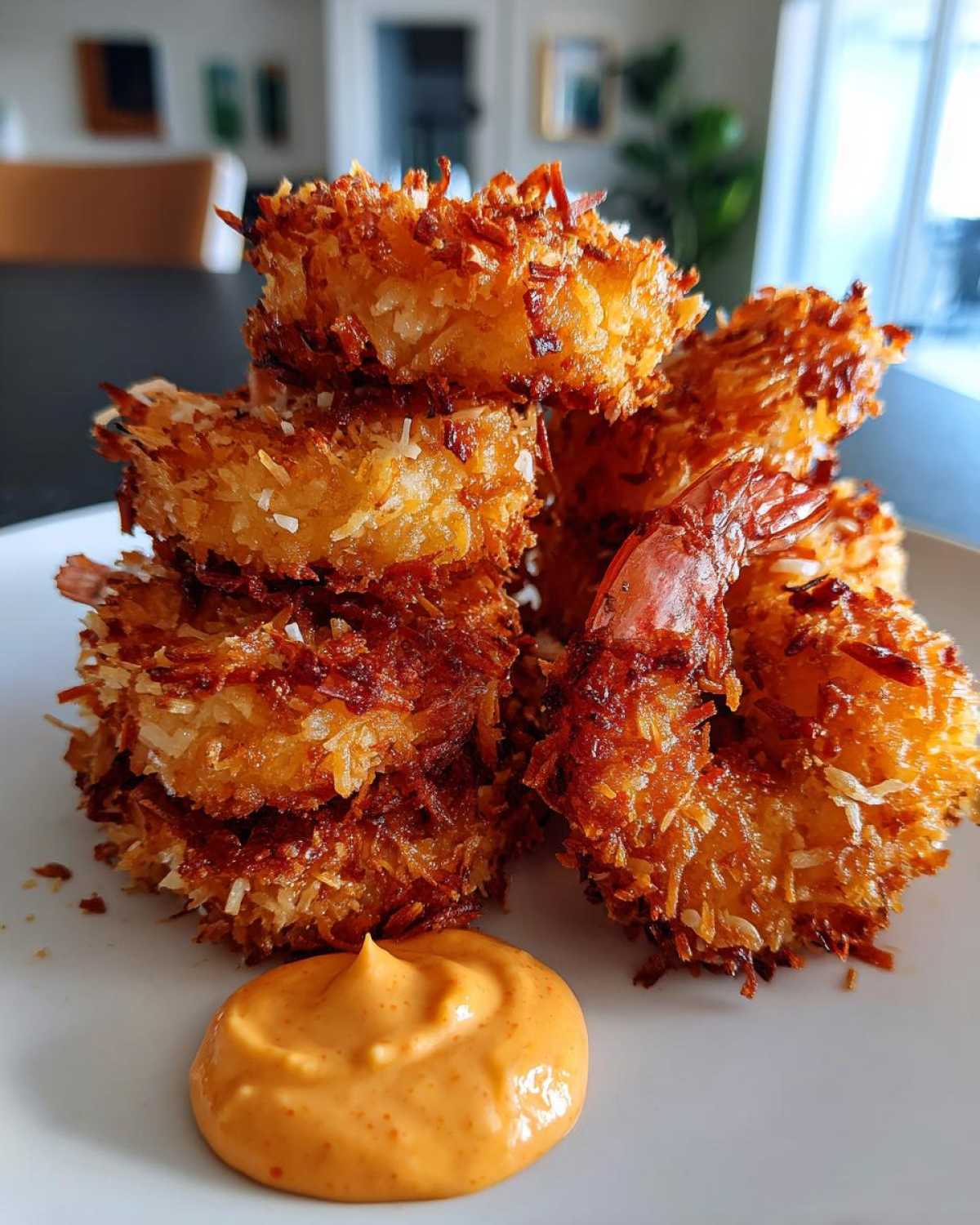 A stack of golden brown, crispy coconut shrimp served on a white plate next to a dollop of orange dipping sauce.