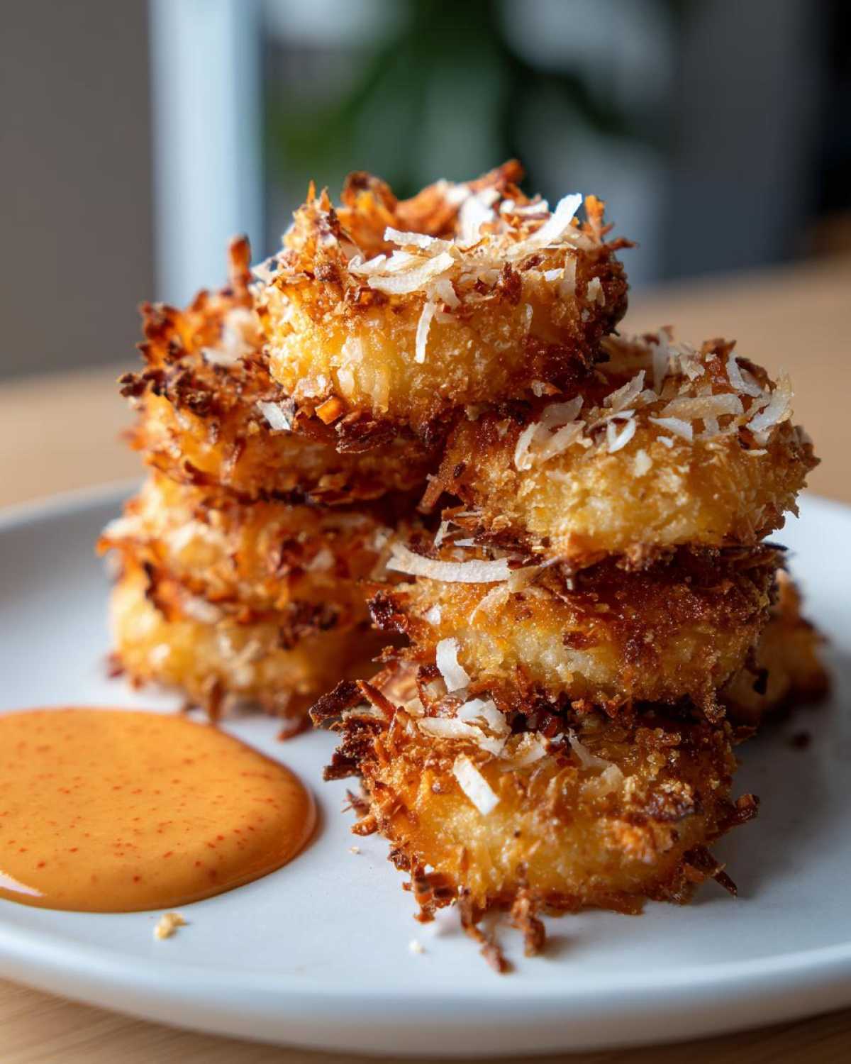 A stack of golden brown, crispy coconut shrimp served on a white plate next to a dollop of orange dipping sauce.