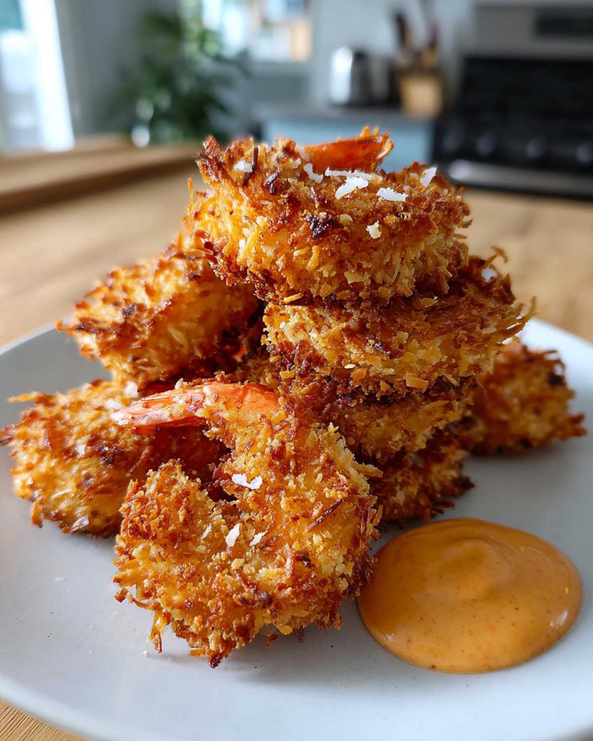 A stack of golden brown, crispy coconut shrimp served on a white plate next to a dollop of orange dipping sauce.