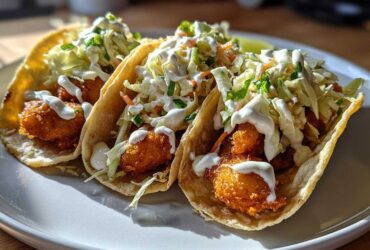 Three delicious fish tacos featuring crispy fried fish, crunchy slaw, and a drizzle of white sauce on soft tortillas.