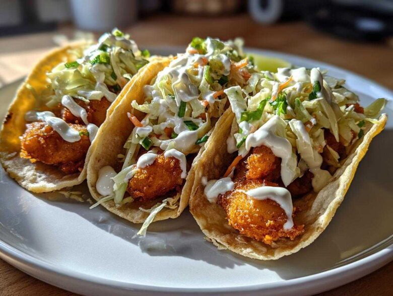 Three delicious fish tacos featuring crispy fried fish, crunchy slaw, and a drizzle of white sauce on soft tortillas.