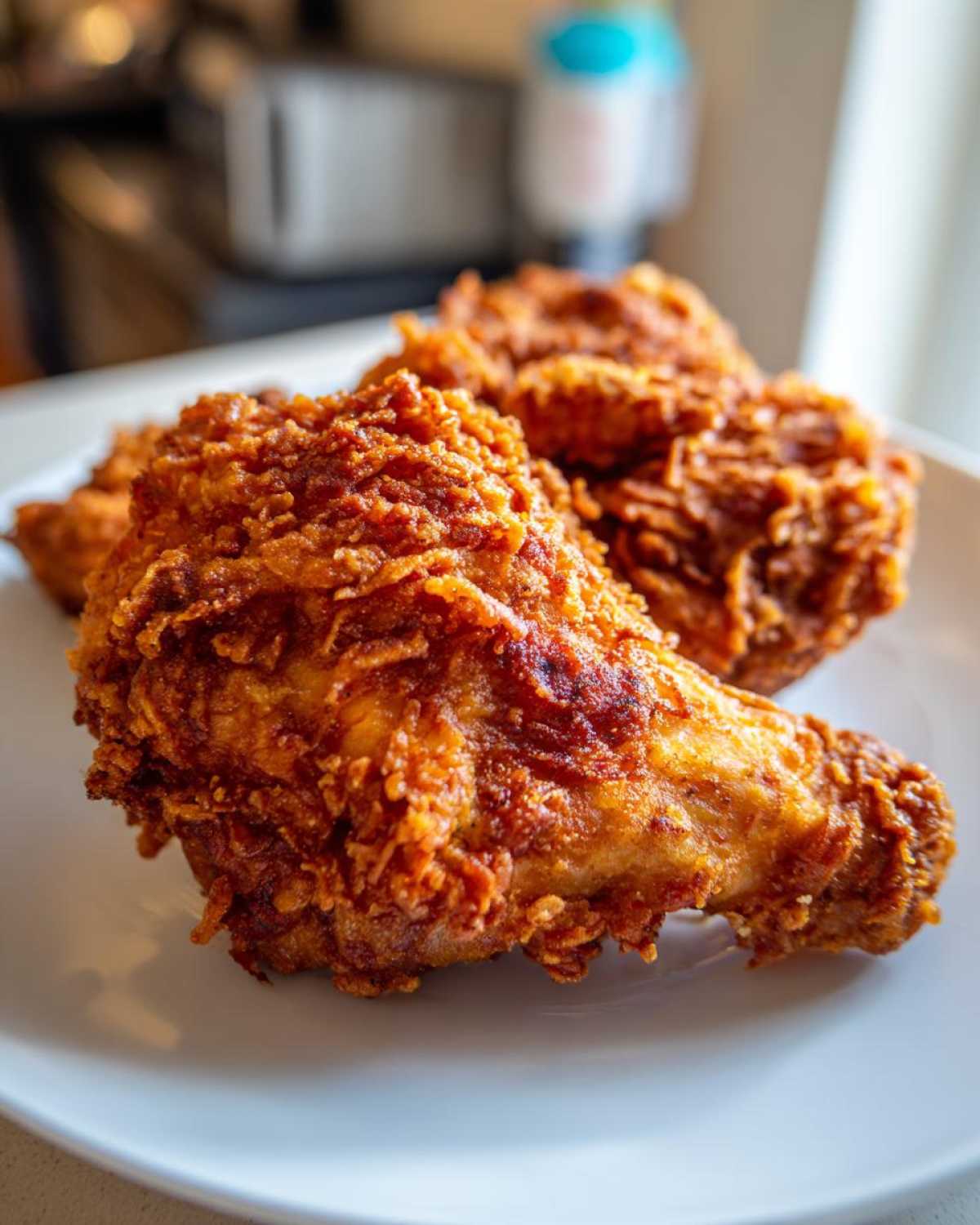 Close-up of a perfectly cooked, crispy piece of fried chicken, likely a drumstick, on a white plate.