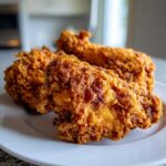 Three pieces of golden brown, crispy fried chicken resting on a white plate.