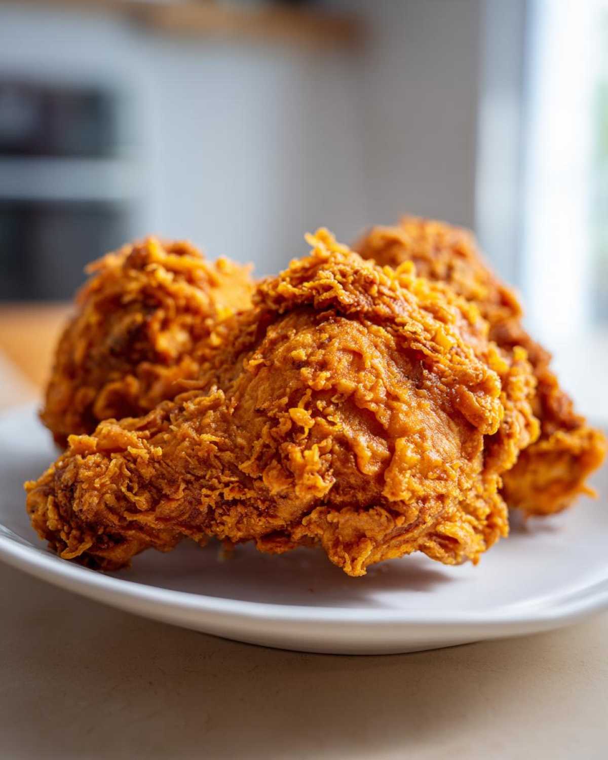 Close-up of several pieces of golden brown, crispy fried chicken resting on a white plate.
