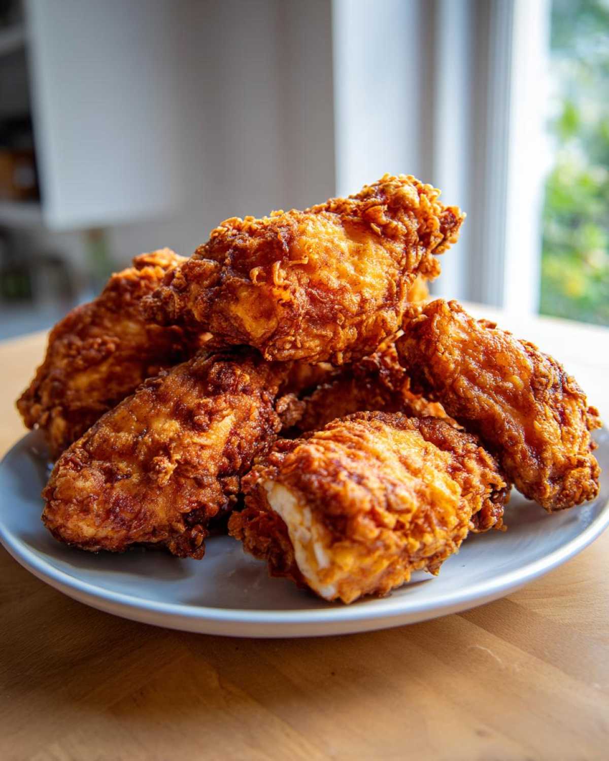 A pile of golden brown, crispy fried chicken wings stacked high on a light blue plate.