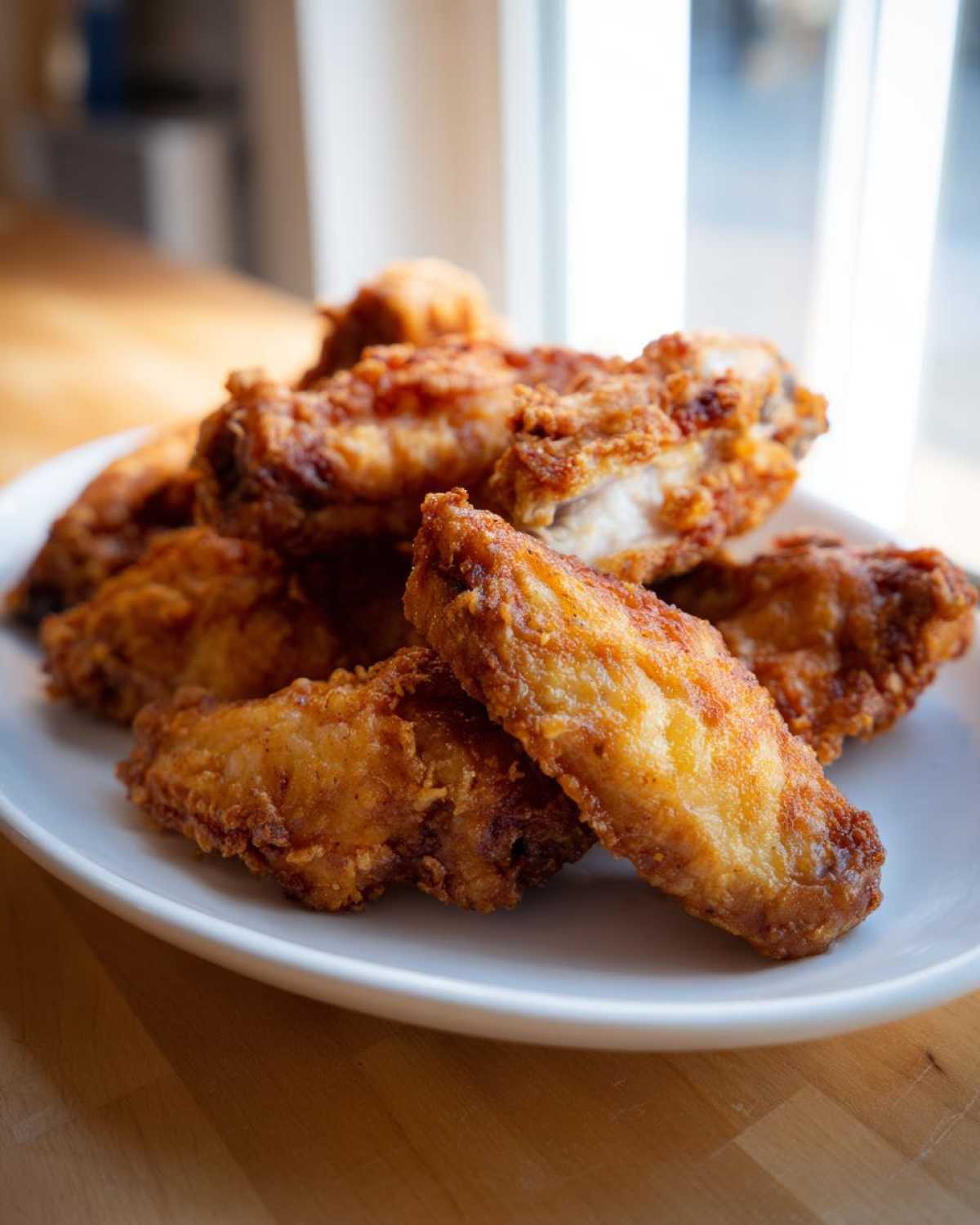 A close-up of golden brown, crispy fried chicken wings piled high on a white plate near a window.