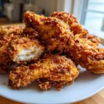A close-up of a mound of golden brown, crispy fried chicken wings on a white plate, one piece broken open showing white meat.