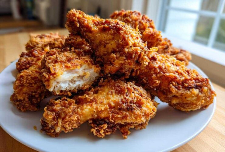 A close-up of a mound of golden brown, crispy fried chicken wings on a white plate, one piece broken open showing white meat.