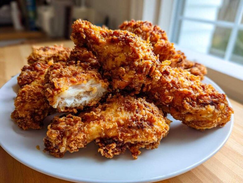 A close-up of a mound of golden brown, crispy fried chicken wings on a white plate, one piece broken open showing white meat.