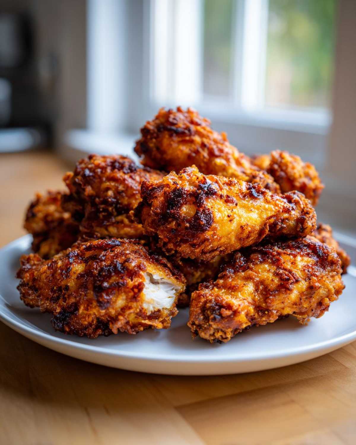 A pile of incredibly crispy fried chicken wings with a dark, textured coating, one wing showing the white meat inside.