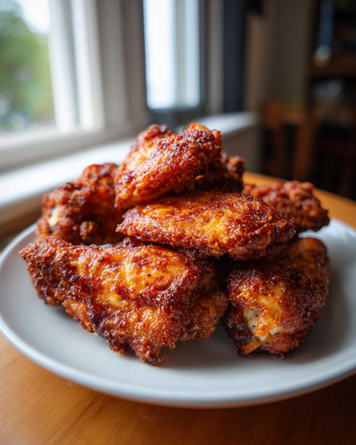 Close-up of a pile of golden-brown, crispy fried chicken wings served on a white plate.